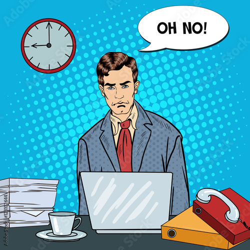 Pop Art Stressed Businessman with Laptop at Multi Tasking Office Work. Vector illustration