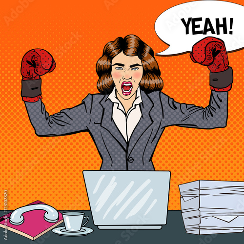 Pop Art Business Woman in Boxing Gloves at Multi Tasking Office Work. Vector illustration