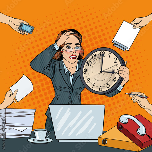 Stressed Pop Art Business Woman with Big Clock at Deadline Multi Tasking Office Work. Vector illustration