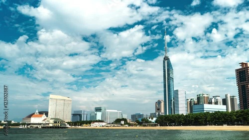 Fukuoka - Beach view with Fukuoka Tower. 4K resolution time lapse panning. July 2016
