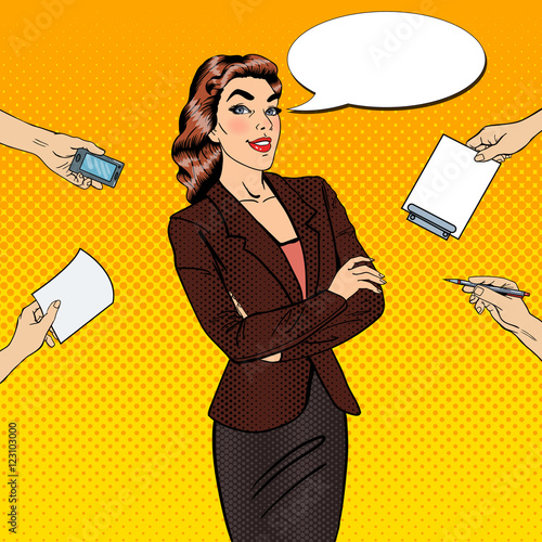 Pop Art Confident Business Woman at Multi Tasking Office Work. Vector illustration
