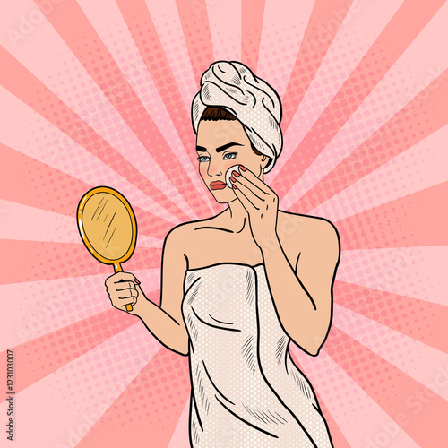 Pop Art Beautiful Woman Removing Makeup from her Face in Bathroom. Vector illustration