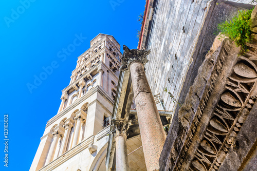  Saint Domnius landmark Split. / View at croatian architectural symbol Saint Domnius bell tower in old ancient town Split, Croatia Europe landmarks. / photo