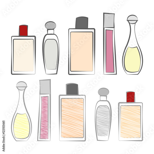 Different hand sketch bottles of tasty perfume isolated vector on the white background