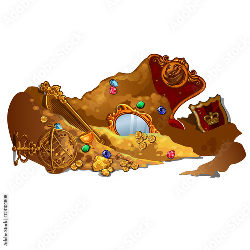 Royal treasures and jewels buried in sand.