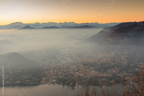Como Lake, Aerial View of Cernobbio and Tavernola from viewpoint Brunate Funicolare at dusk, Italy. Cernobbio is a comune (municipality) in the province of Como, Lombardy, northern Italy © Marco Rimola