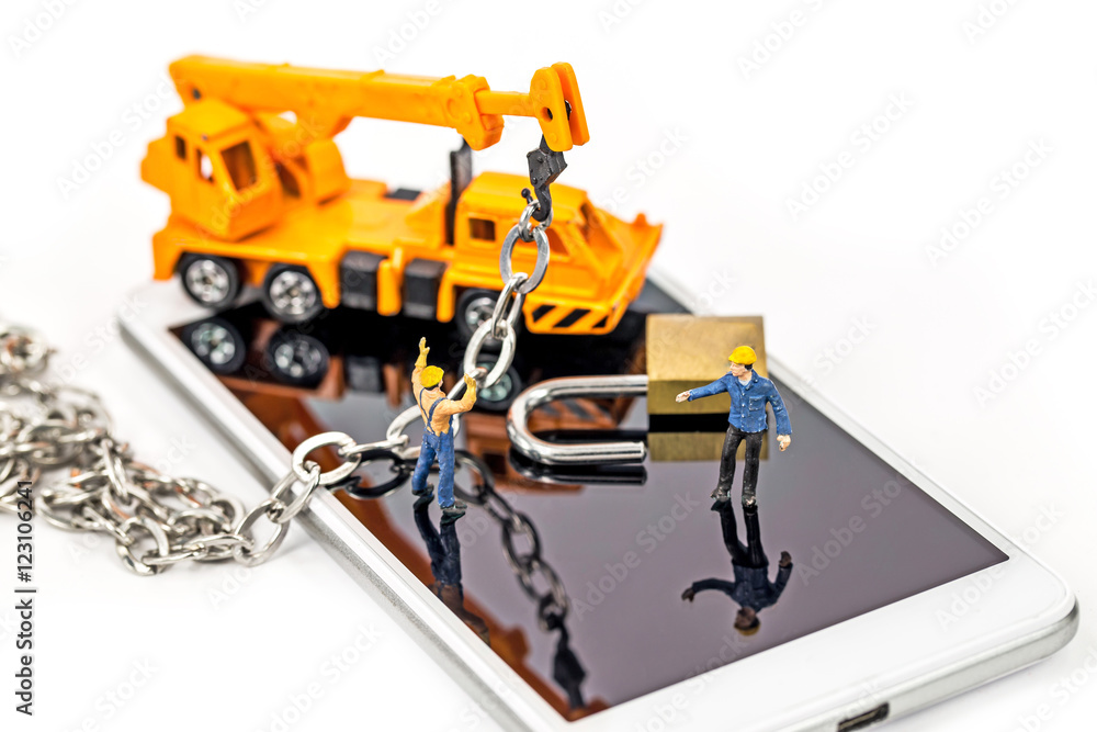 miniature on smart phone with chain lock,abstract background for solution to security smart phone form not owner. miniature on smart phone with chain lock,abstract background for solution to security smart phone form not owner.