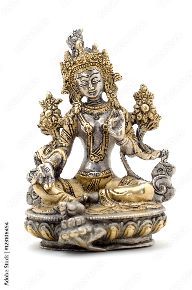 Statuette of Green Tara on a white background.