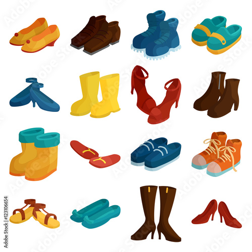 Shoes icons set. Cartoon illustration of 16 shoes vector icons for web
