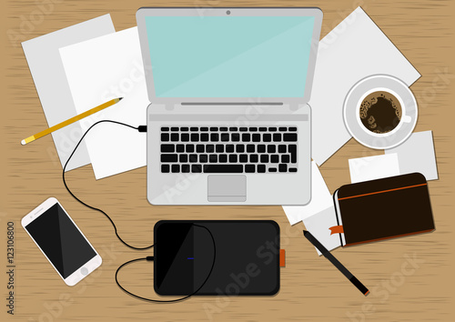 Realistic Workplace Organization. Top View.