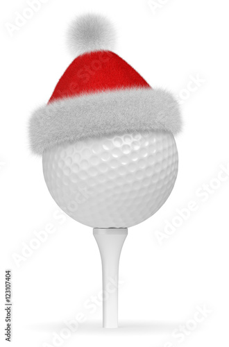 White golf ball on tee in Santa Claus red hat