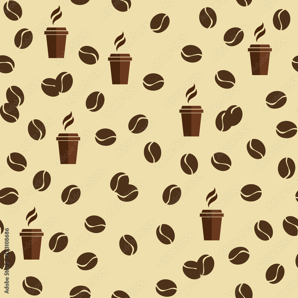 Obraz premium Tea or coffee cups seamless vector pattern with coffee beans or corns.