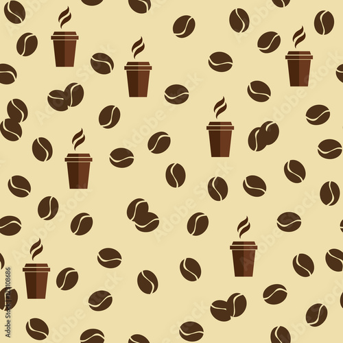 Tea or coffee cups seamless vector pattern with coffee beans or corns.