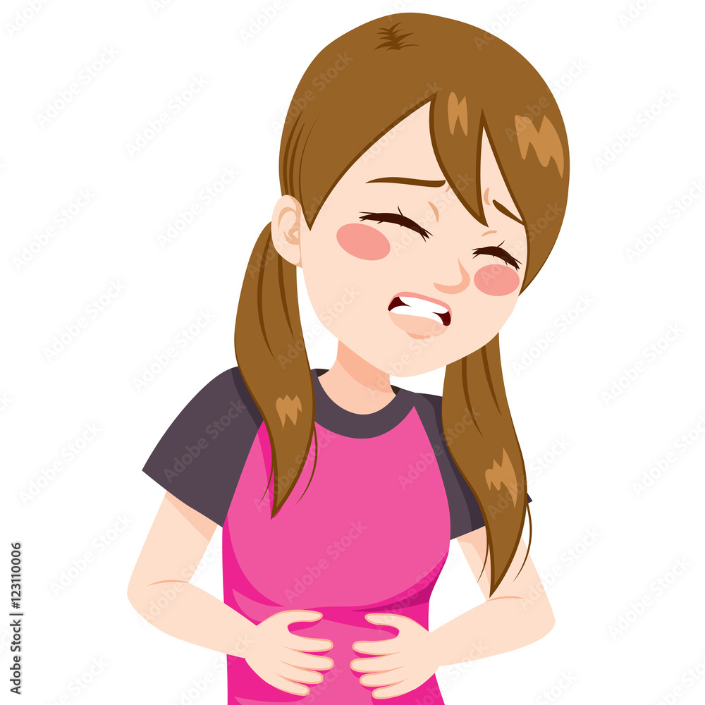 Little girl touching her belly having terrible stomachache pain Little girl touching her belly having terrible stomachache pain