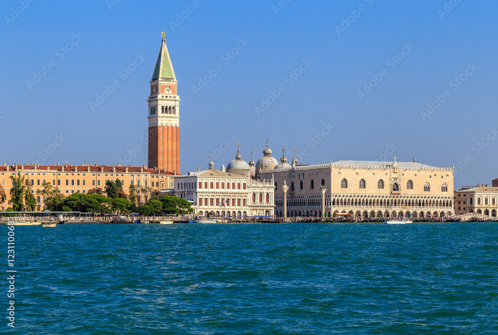 View from the water on the Doge's Palace and St. Mark's Square in the Venice