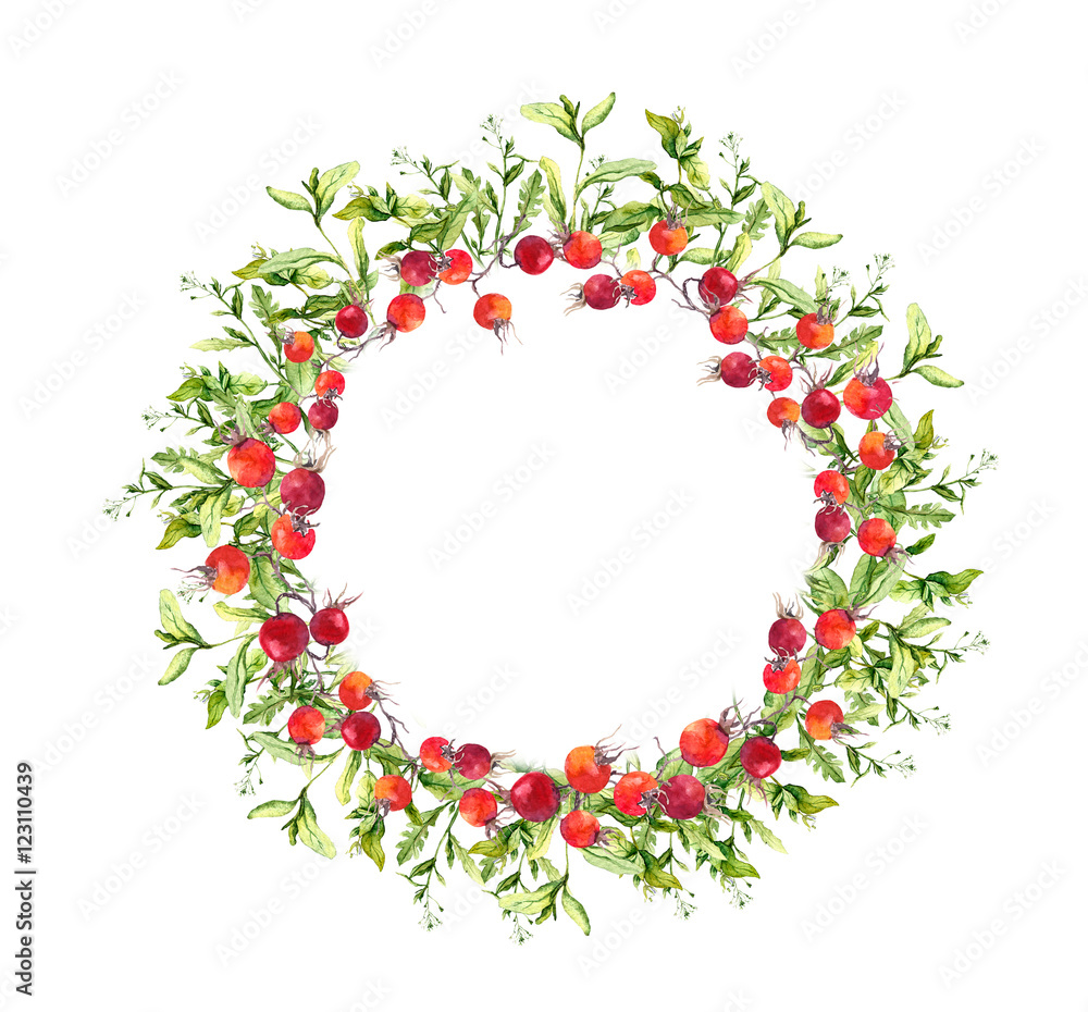 Floral wreath - berries, grass. Watercolor round border