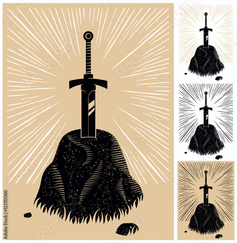 Excalibur / Illustration of King Arthur’s Excalibur linocut style. 4 color versions.