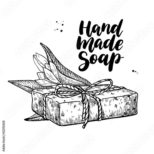 Handmade natural soap. Vector hand drawn cosmetic with lettering