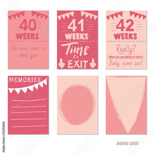 pregnancy 40-42 weeks Vector design templates for journal cards, scrapbooking cards, greeting cards, gift cards, patterns, blogging. Planner cards. Cute doodle. Printable templates set.