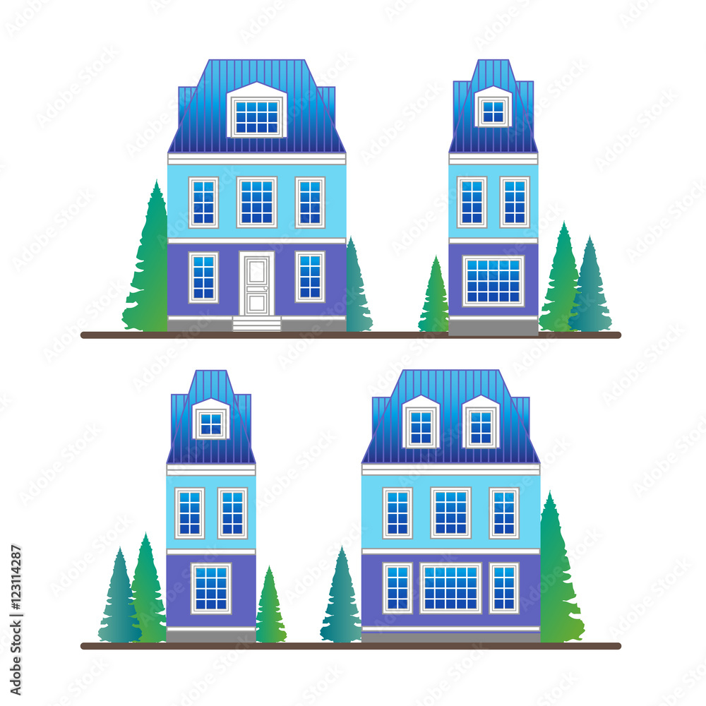four facades of houses in the classical style. from different sides of the house with trees