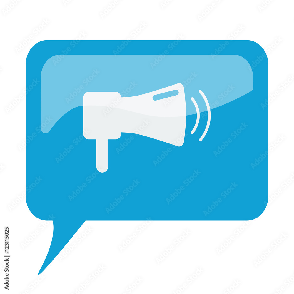 Blue speech bubble with white Megaphone icon on white background Blue speech bubble with white Megaphone icon on white background