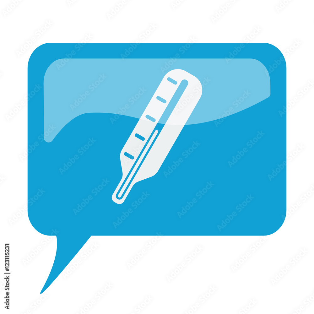 Blue speech bubble with white Thermometer icon on white backgrou Blue speech bubble with white Thermometer icon on white backgrou