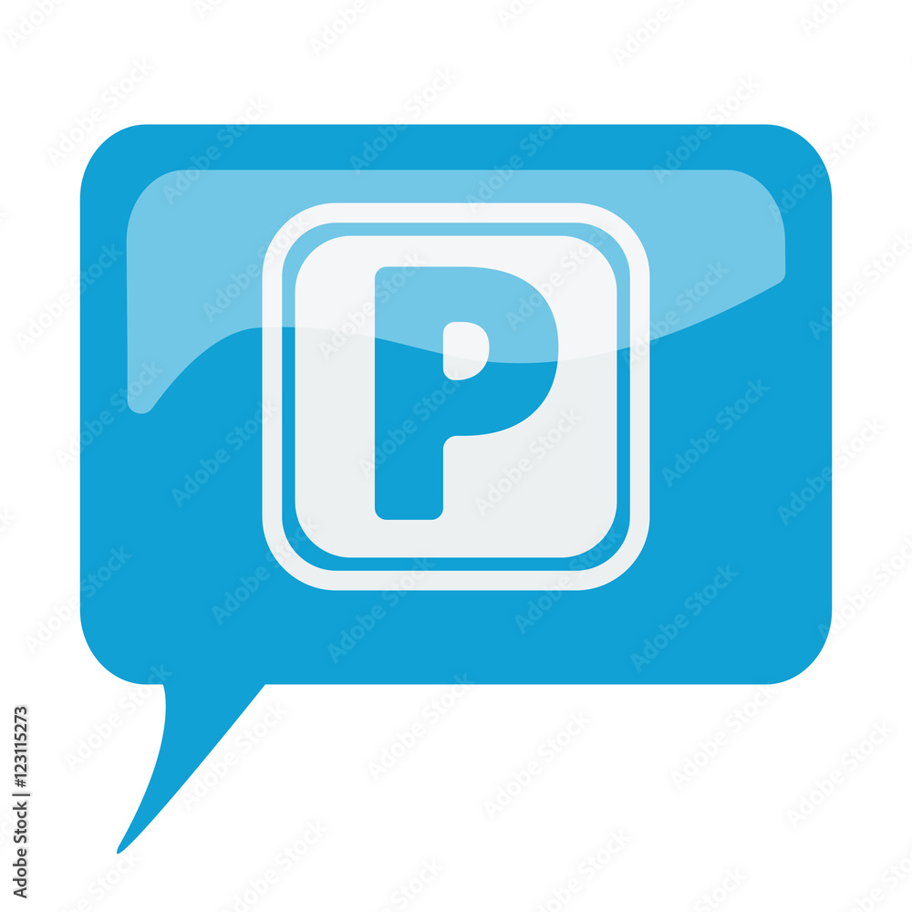 Blue speech bubble with white Parking icon on white background Blue speech bubble with white Parking icon on white background