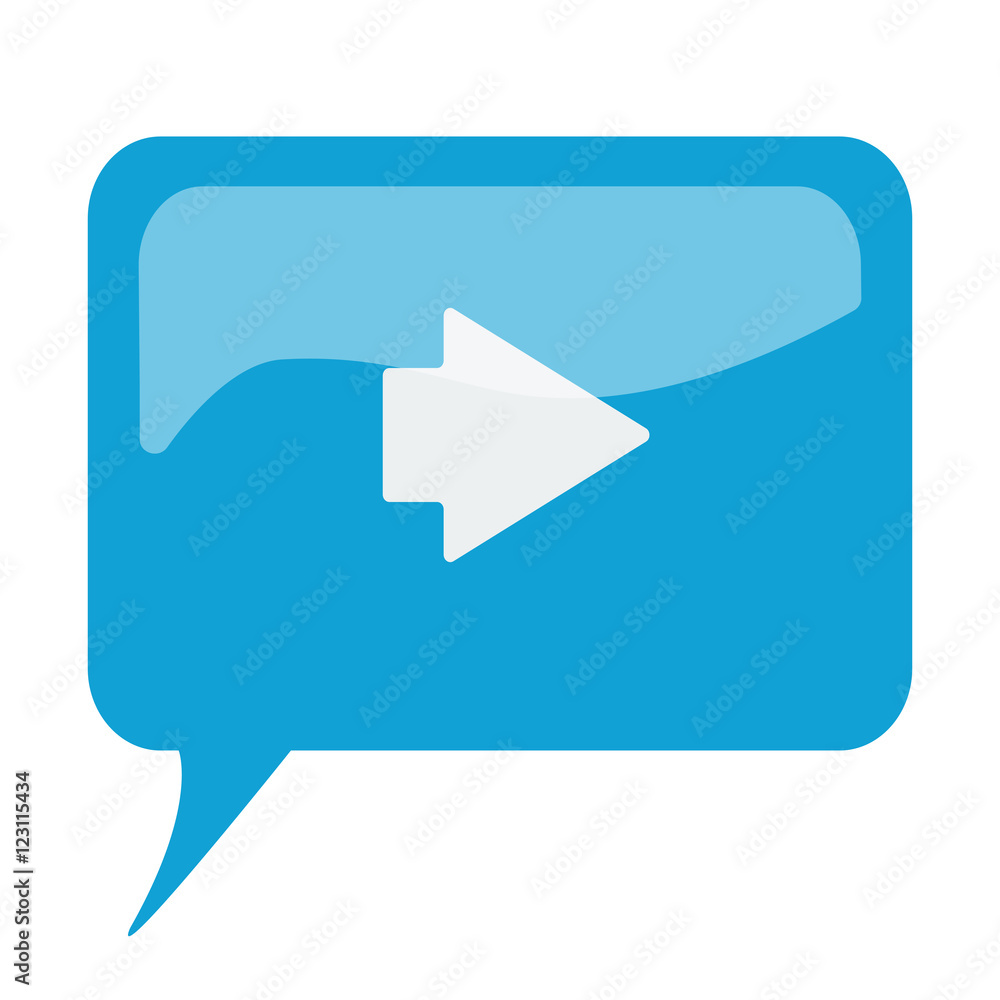 Blue speech bubble with white Arrow Right icon on white backgrou Blue speech bubble with white Arrow Right icon on white backgrou