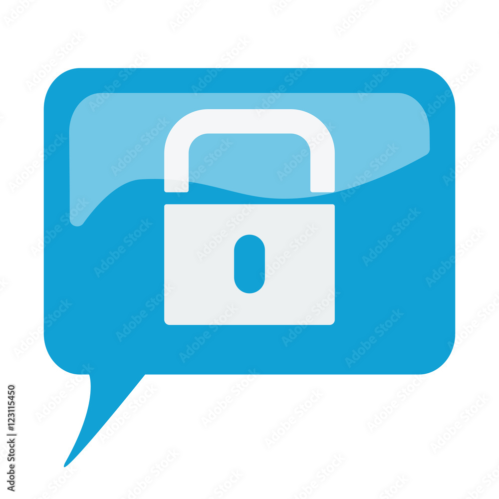 Blue speech bubble with white Lock icon on white background Blue speech bubble with white Lock icon on white background