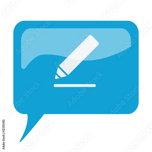 Blue speech bubble with white Sign Here icon on white background