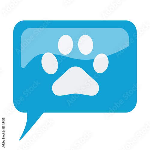 Blue speech bubble with white Paw Print icon on white background