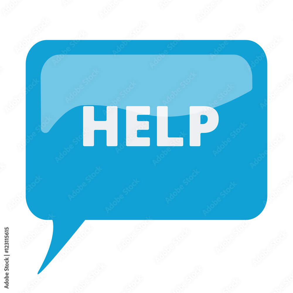 Blue speech bubble with white Help icon on white background Blue speech bubble with white Help icon on white background