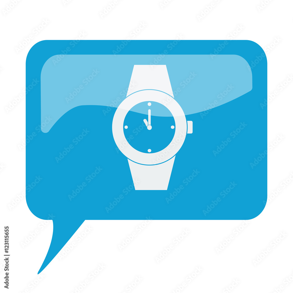Blue speech bubble with white Wrist Watch icon on white backgrou Stock
