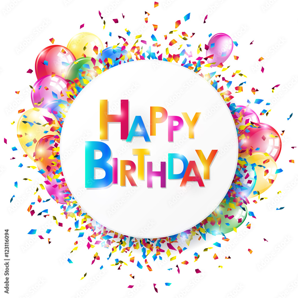 Bright Happy Birthday Banner With Colorful Confetti And Balloons Vector Illustration Stock