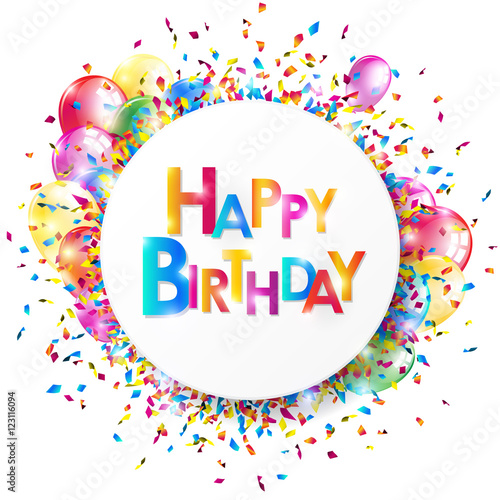 Photography Bright Happy Birthday banner with colorful confetti and balloons