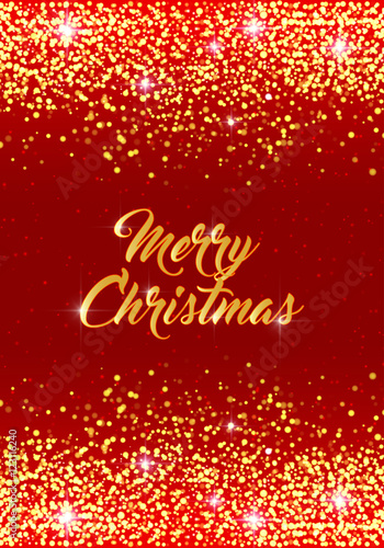 Merry Christmas card. Vector holiday template with sparkles on red background. Gold glitter frame for greeting cards, vip, exclusive, gift, luxury, voucher, shopping.