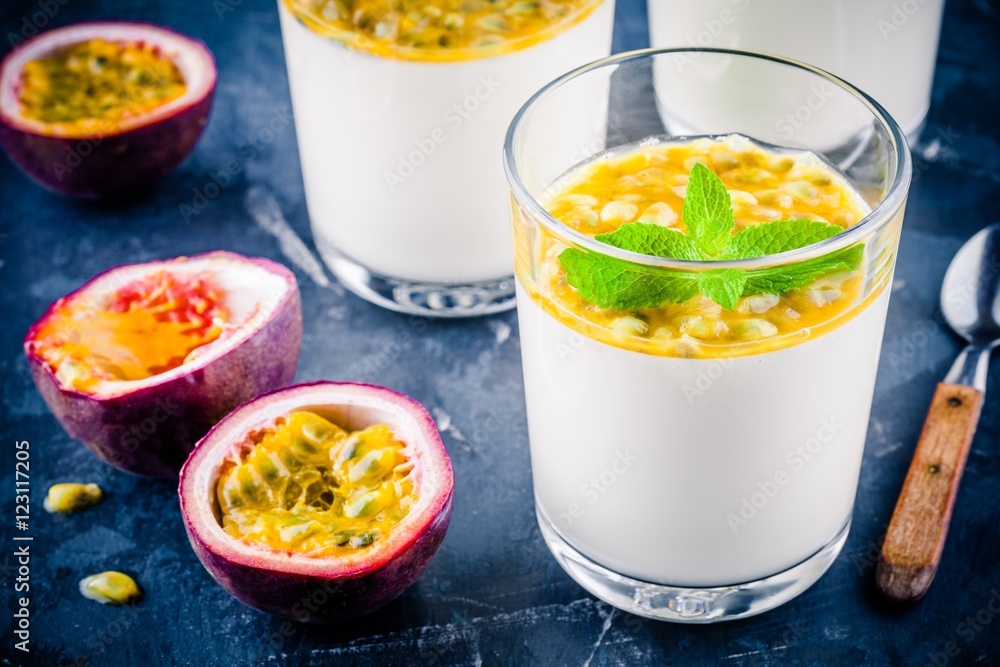 panna cotta dessert with passion fruit and mint panna cotta dessert with passion fruit and mint