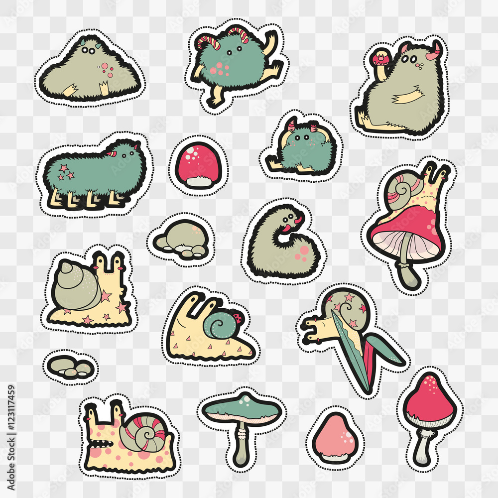Set of Fashion patch badges with cute monsters and mushrooms. Set of Fashion patch badges with cute monsters and mushrooms.