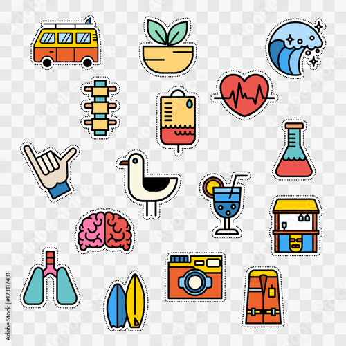 Set of Fashion patch badges with  brains, seagull camera, wave a