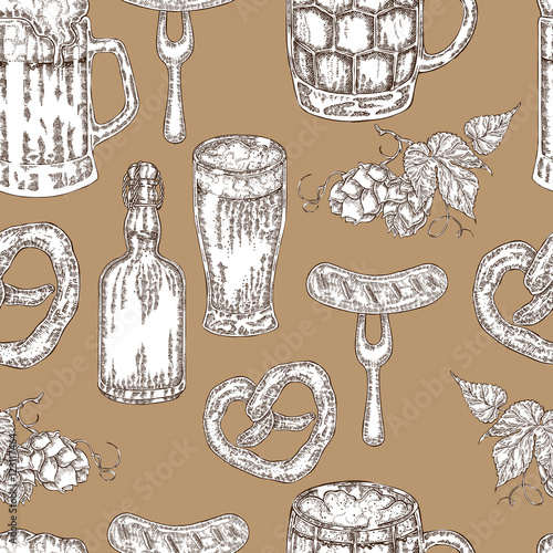 Hand drawn beer seamless background in sketch style. Vector illustration
