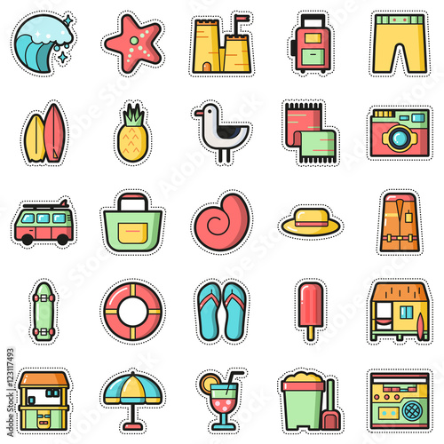 Set of Fashion patch badges with surf and summer elements.