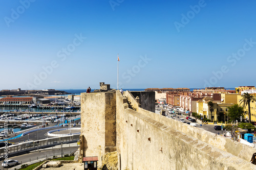 Panoramic view of The Port of Tarifa (Spanish: Puerto de Tarifa) and the historic medieval The Castle of Guzman El Bueno in Tarifa, Spain originally built as an alcazar (Moorish fortress).