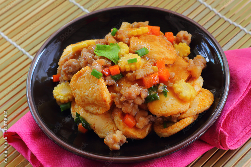 Egg tofu stir fry with pork and vegetable. Egg tofu stir fry with pork and vegetable.