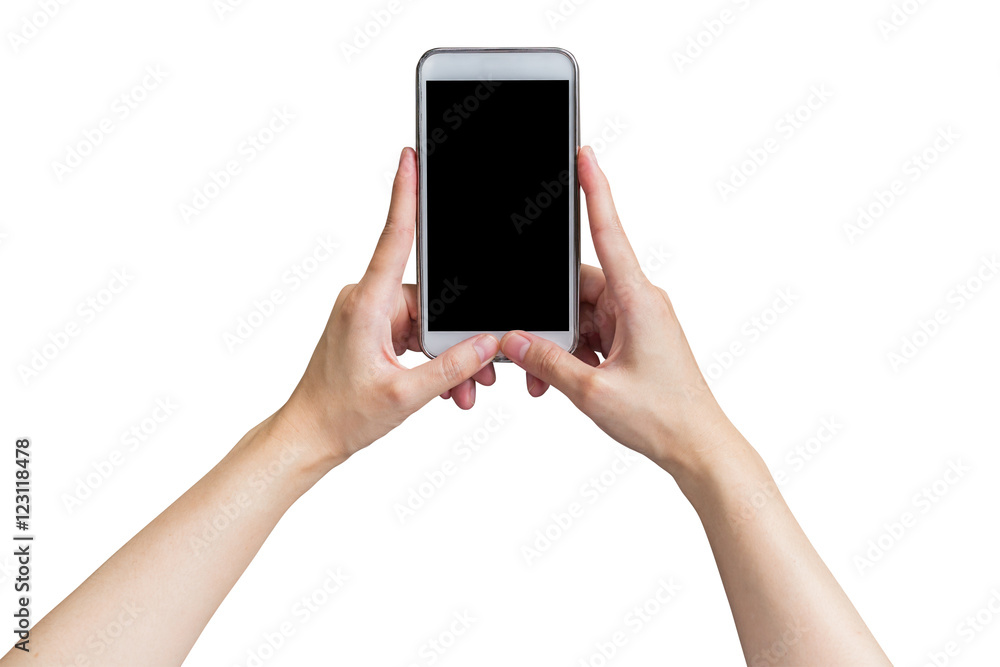 Close up hand woman holding phone and touchscreen on isolated Close up hand woman holding phone and touchscreen on isolated
