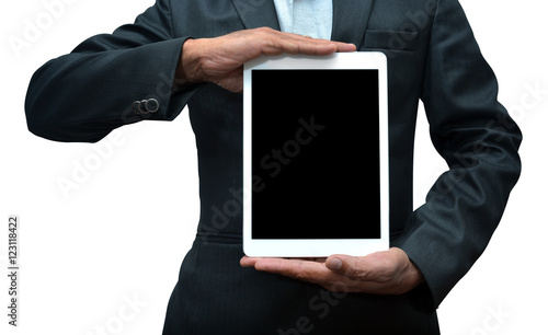 Man holding a tablet computer front view. iPad Pro was created and developed by the Apple inc.