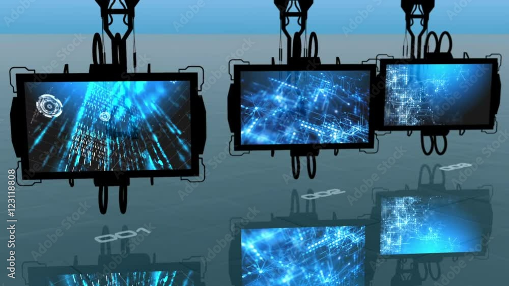 Three digital monitors turning slowly and displaying three abstract ...