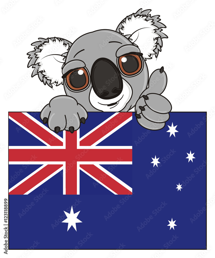 flag, country, national, Australian, gesture, class, cartoon, gray, animal,  bear, koala, australia, zoo, nature, wild, marsupial, toy, face, peek up  Stock Illustration | Adobe Stock