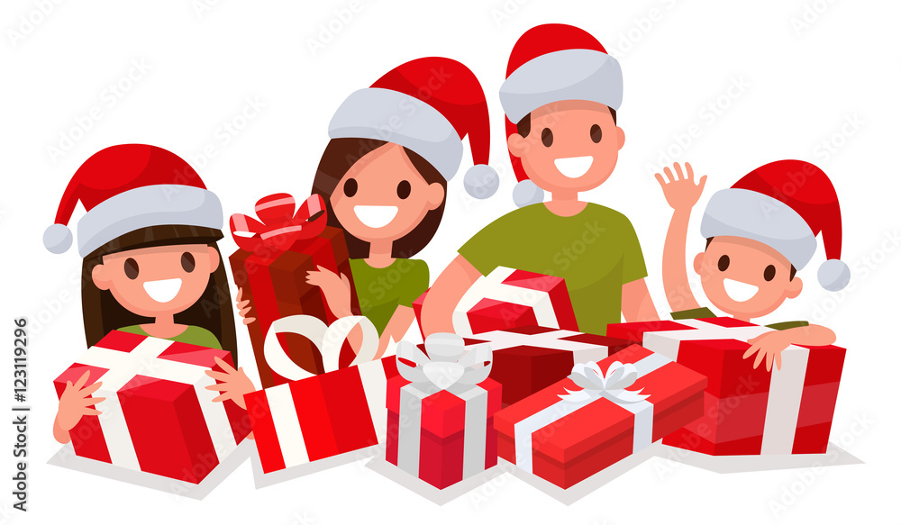 Happy family with New Year gifts. Element for decoration of Chri Happy family with New Year gifts. Element for decoration of Chri