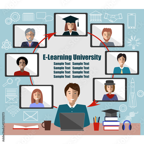 Online learning concept. Teacher and students group. Place for text