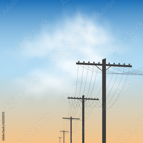 Panorama of clear sky with clouds. Power line. Beautiful background.